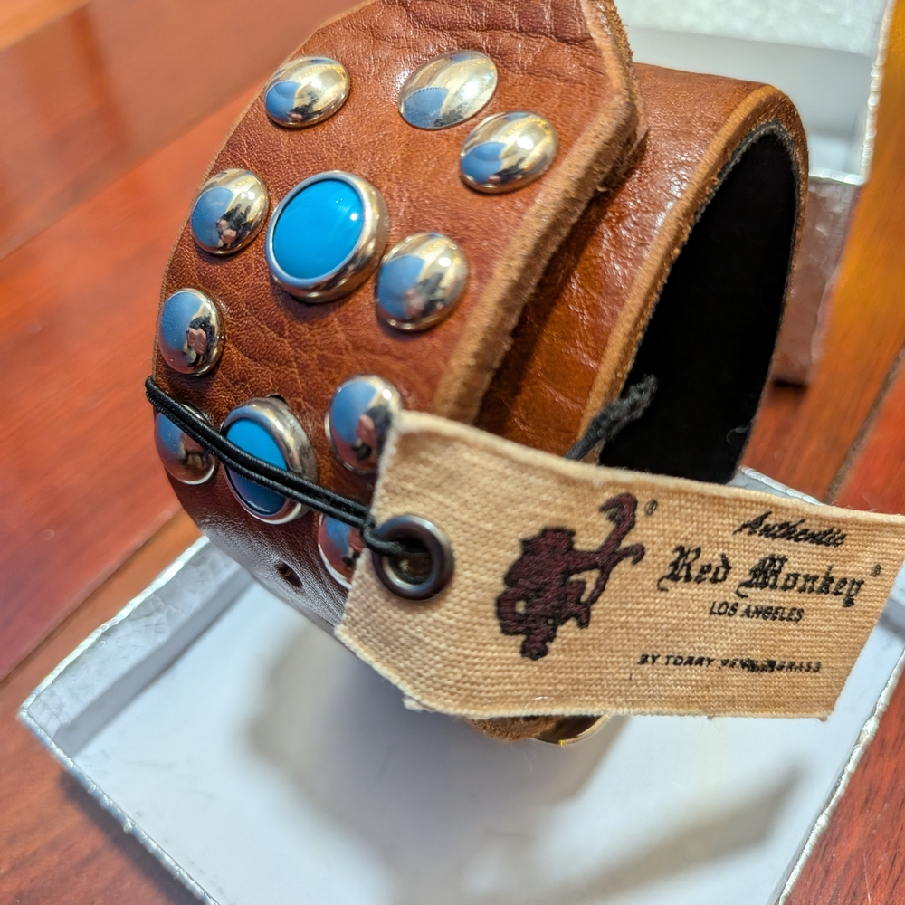 Red Monkey Brown Leather Bracelet with Blue Accents